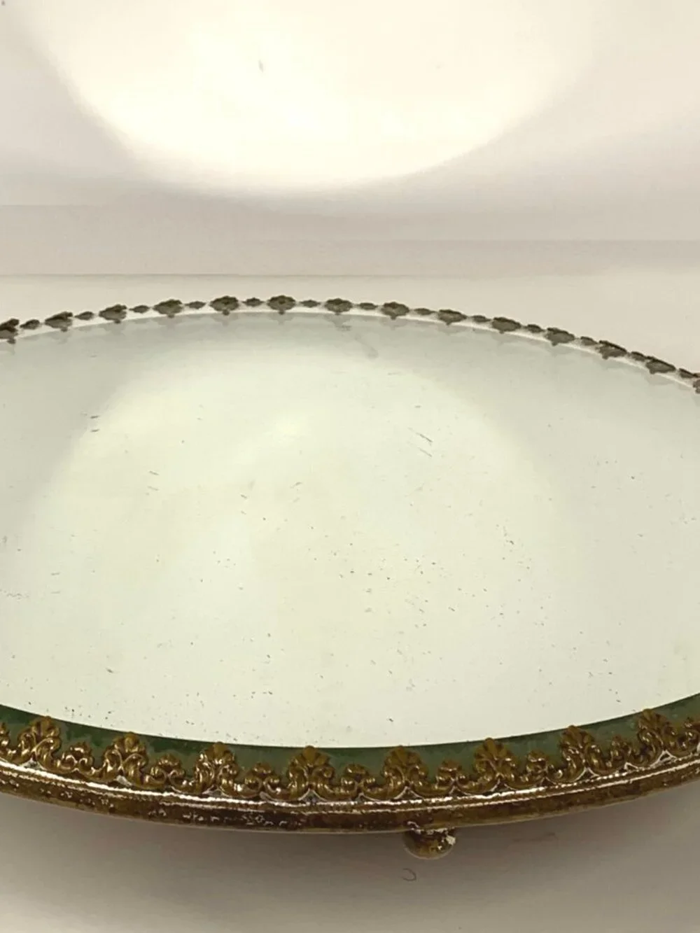 Vintage Round Beveled Mirror Vanity Tray Gold Fleur De Lis 3 Foot 12